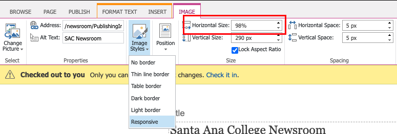 Screenshot of image toolbar on sharepoint with horizontal size edited