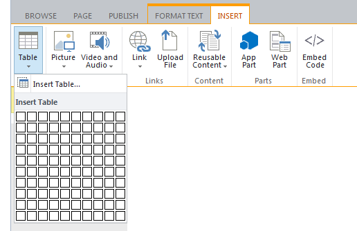 table option on sharepoint